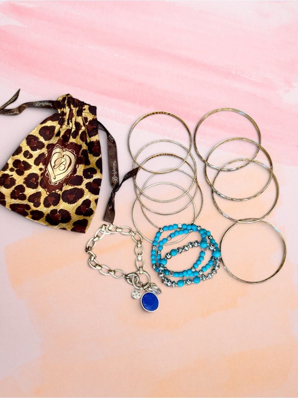 Assorted Bangles with Turquoise Bead Bracelet Set and Plunder Charm Bracelet